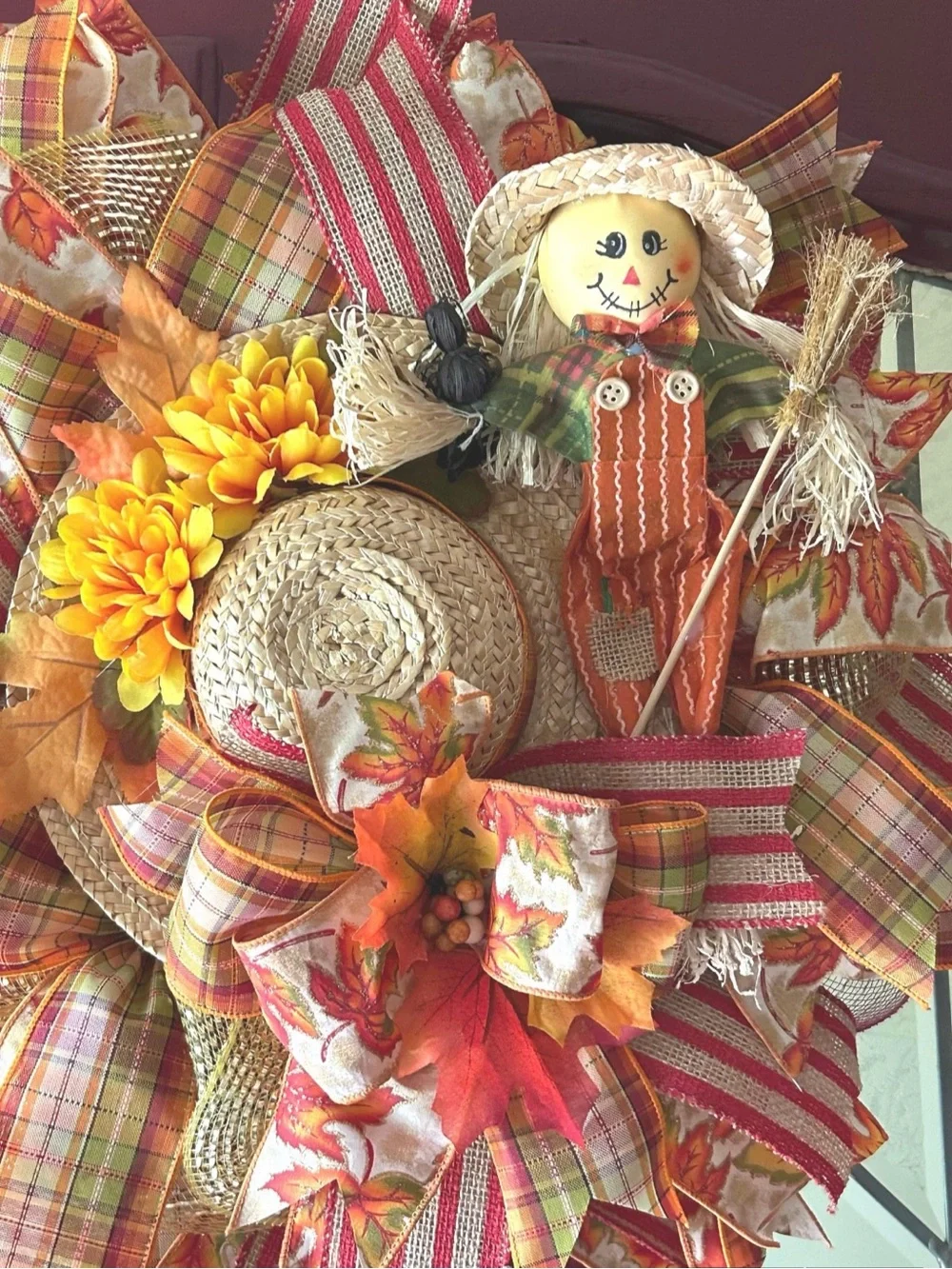 Handmade Fall Scarecrow Deco Mesh Wreath Autumn Harvest Front Door Decor 22